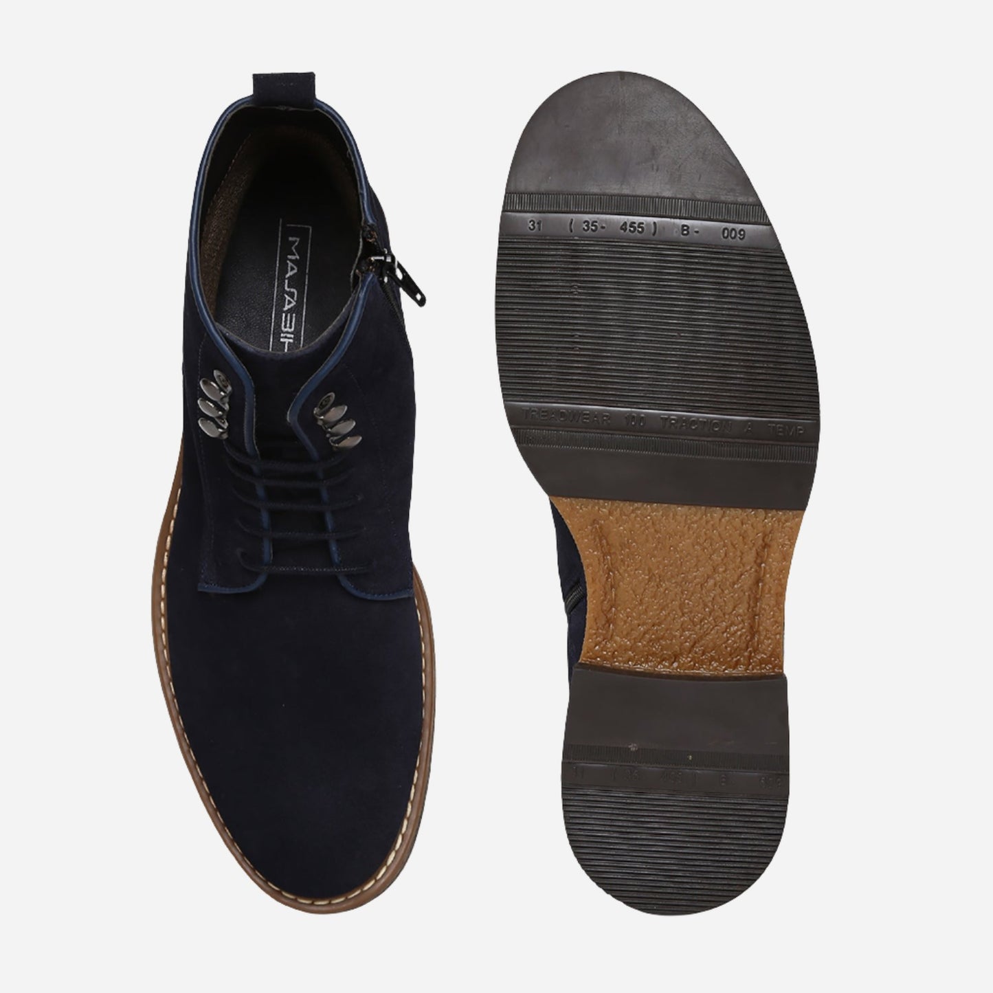 Navy Genuine Suede Leather Laceup Boots For Men With Zip Fastening
