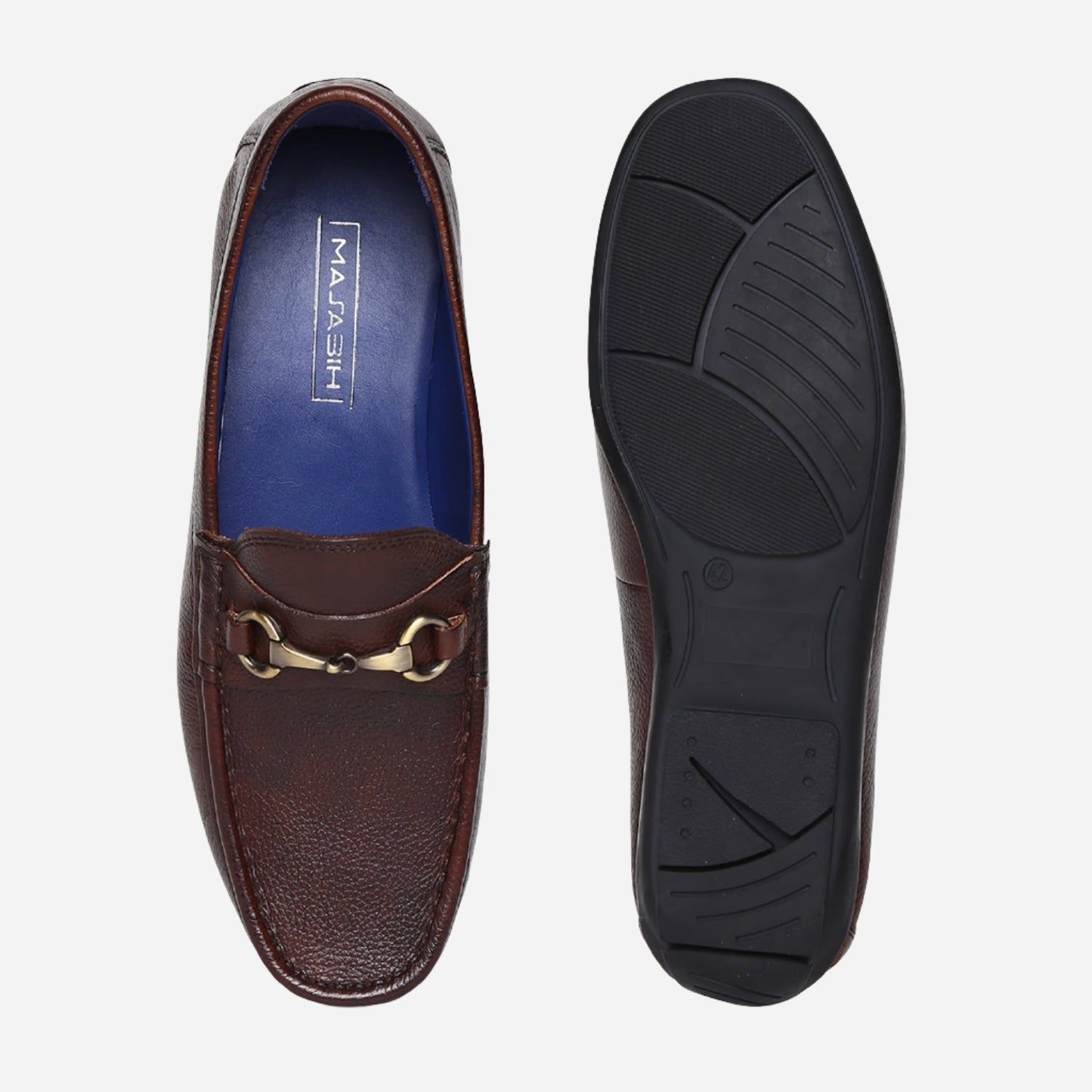 Masabih Genuine Milled Leather Brown Mocassin Shoes with Saddle Ornament for Men