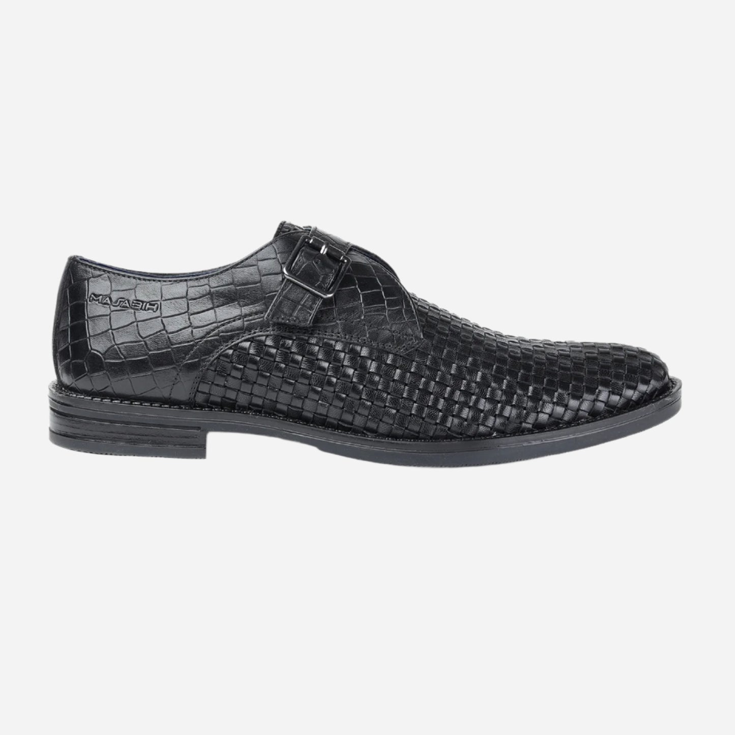 Masabih Genuine Braided Leather Black Single Buckle Monk Shoes For Men