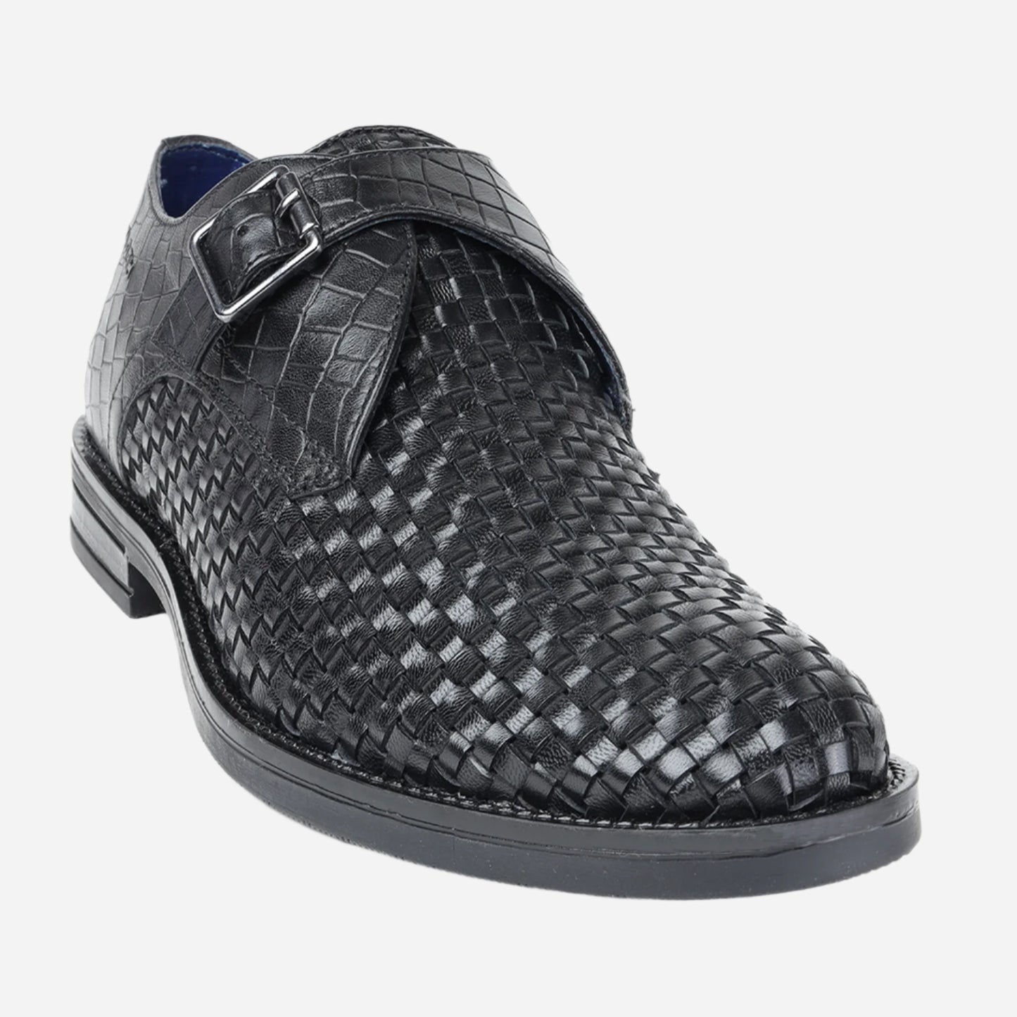 Masabih Genuine Braided Leather Black Single Buckle Monk Shoes For Men