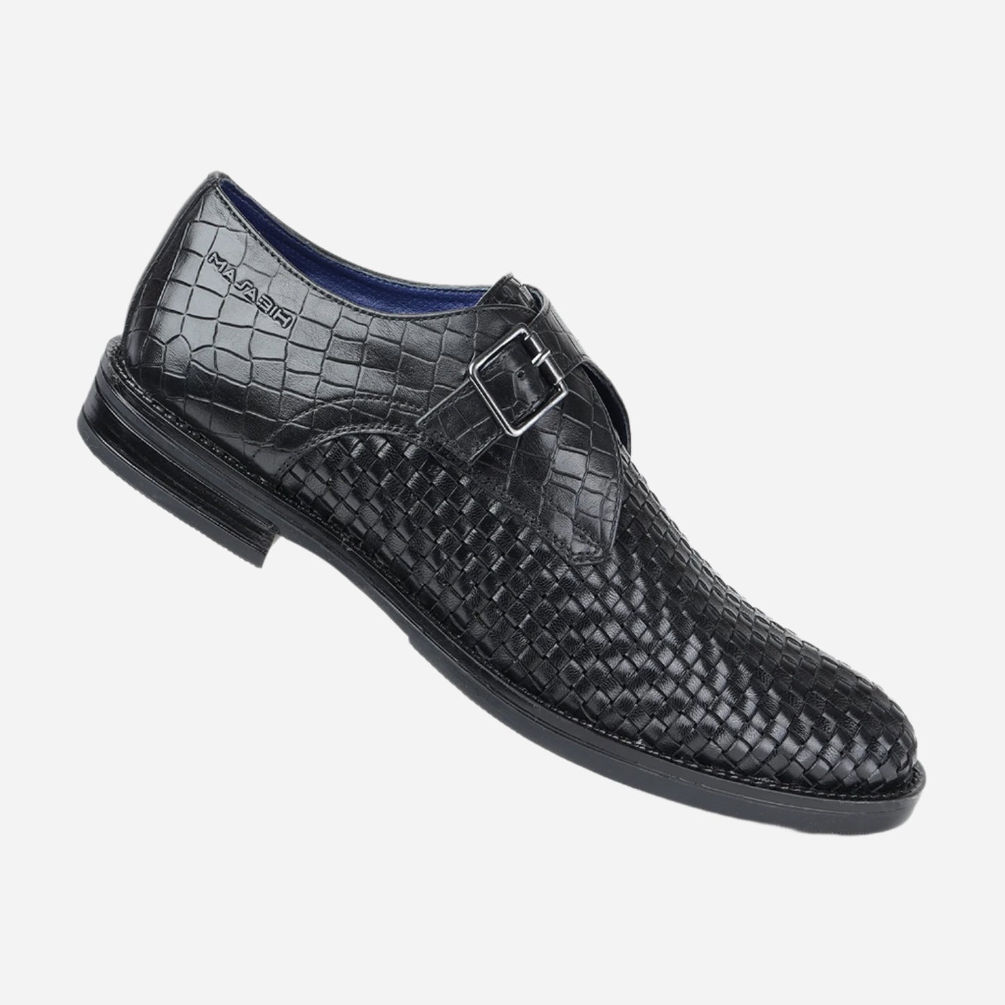 Masabih Genuine Braided Leather Black Single Buckle Monk Shoes For Men