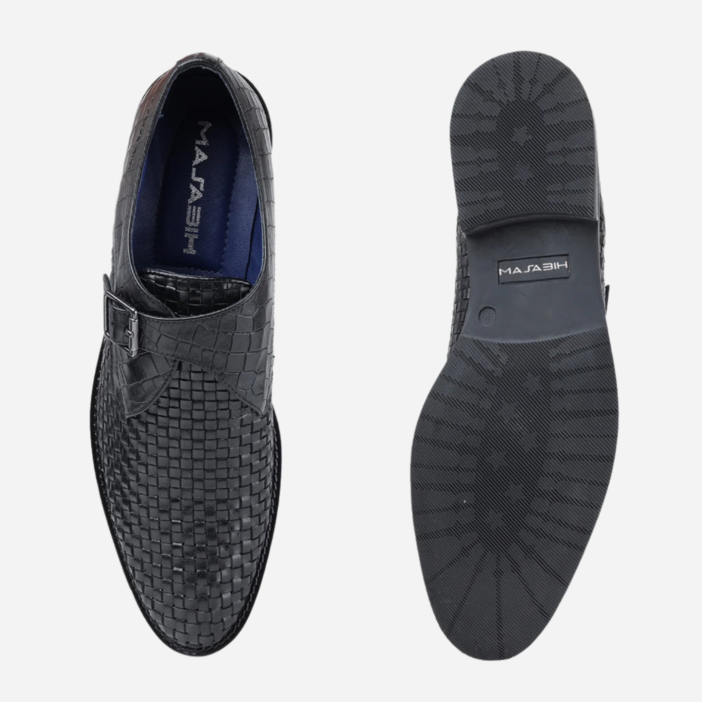 Masabih Genuine Braided Leather Black Single Buckle Monk Shoes For Men