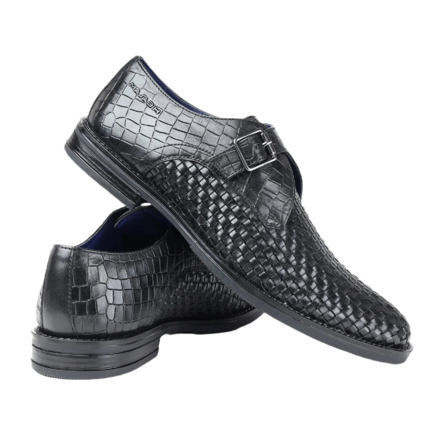 Masabih Genuine Braided Leather Black Single Buckle Monk Shoes For Men