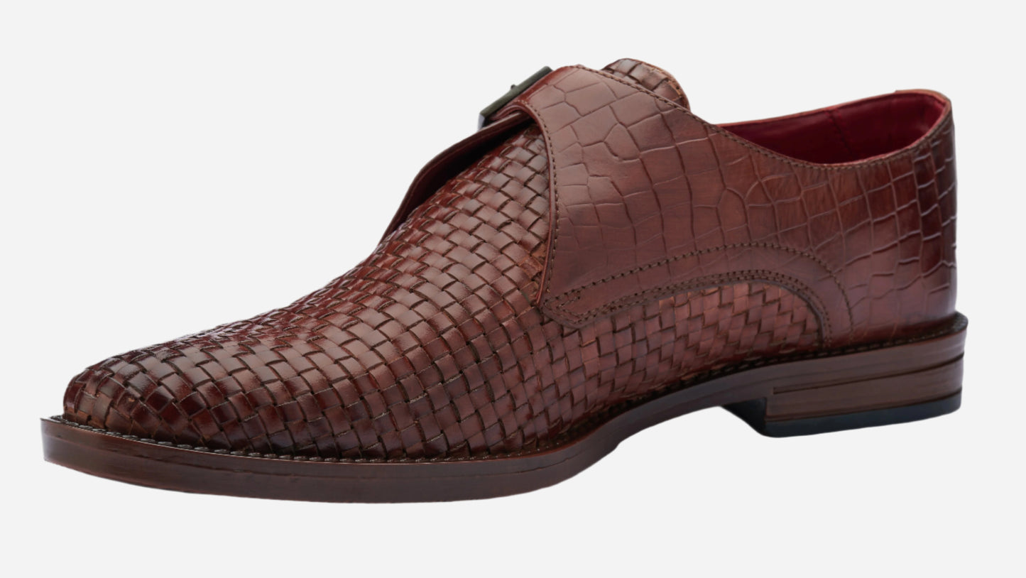 Masabih Genuine Braided Leather Tan Single Buckle Monk Shoes For Men