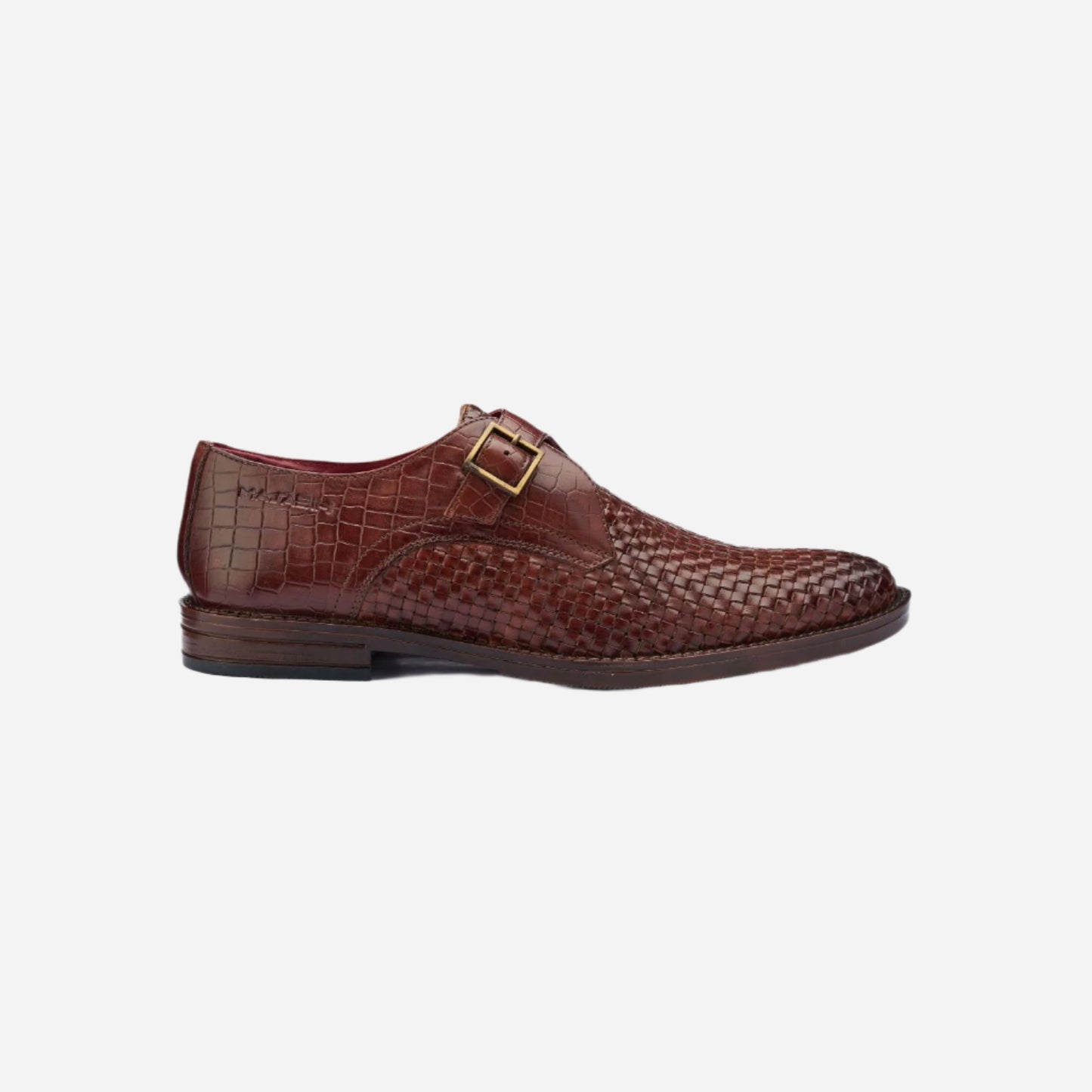 Masabih Genuine Braided Leather Tan Single Buckle Monk Shoes For Men