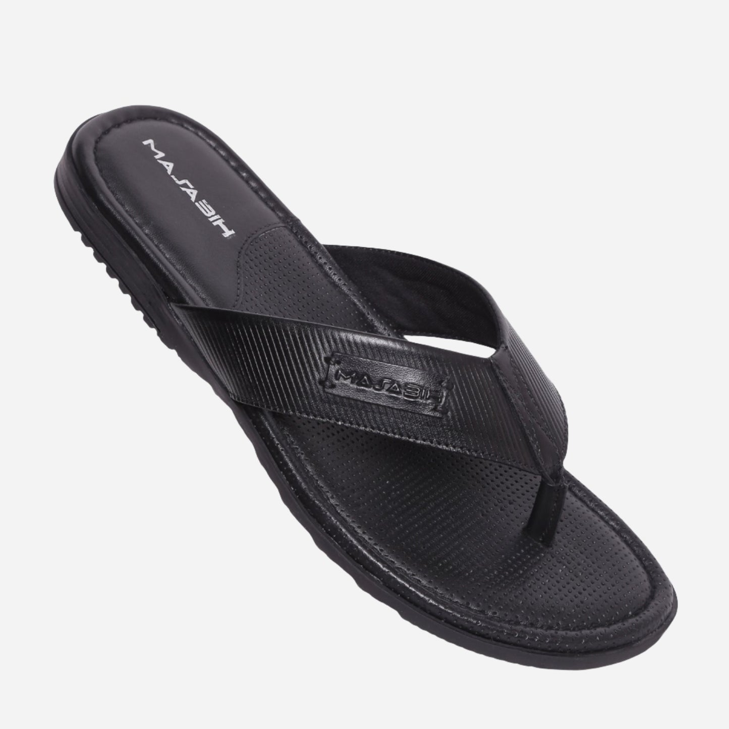 MASABIH Geniune Leather Soft Line Print Black Color modern thong sandals for Mens