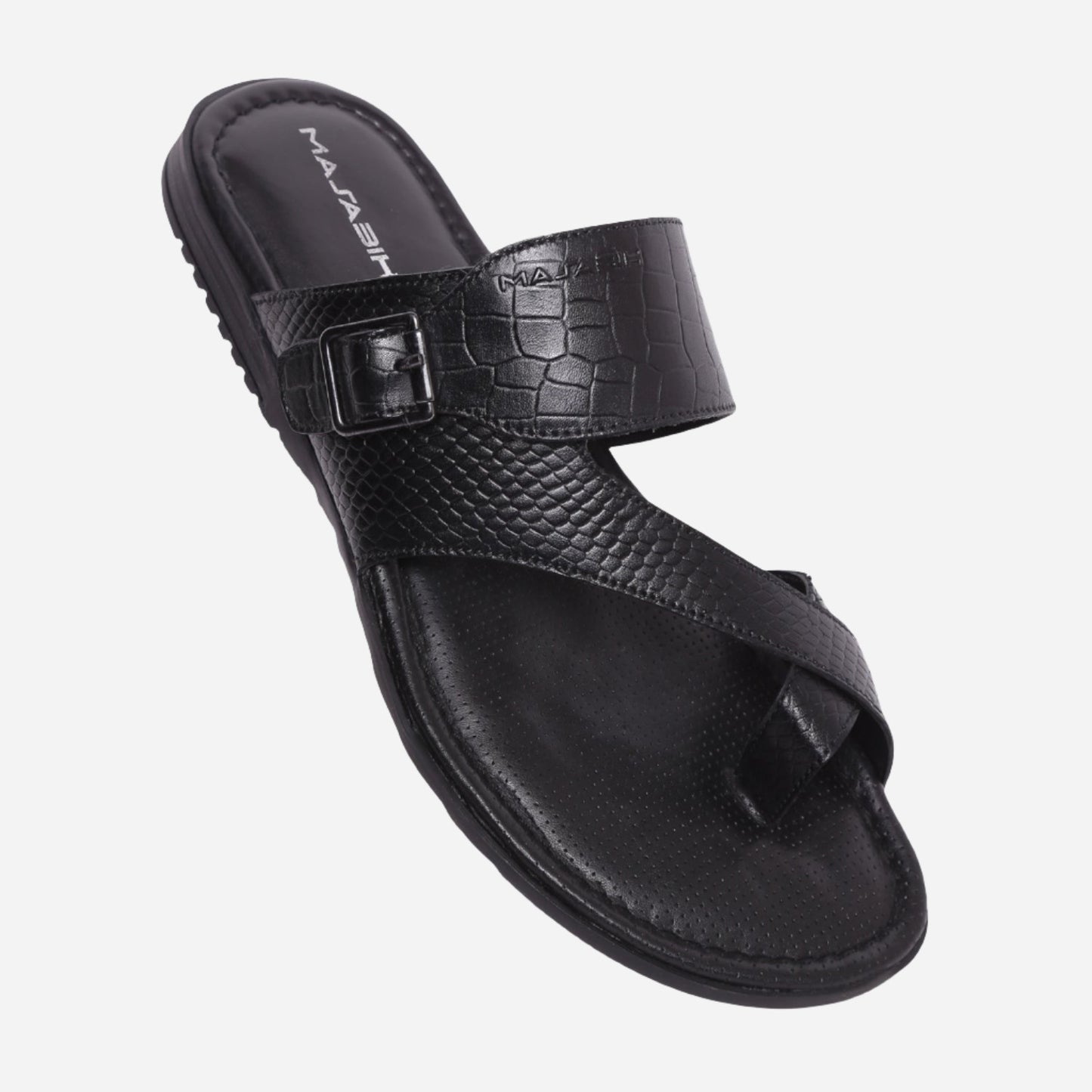 MASABIH Geniune Leather Soft KROOS / SISSY Print Black Color modern Buckle thong sandals for Mens