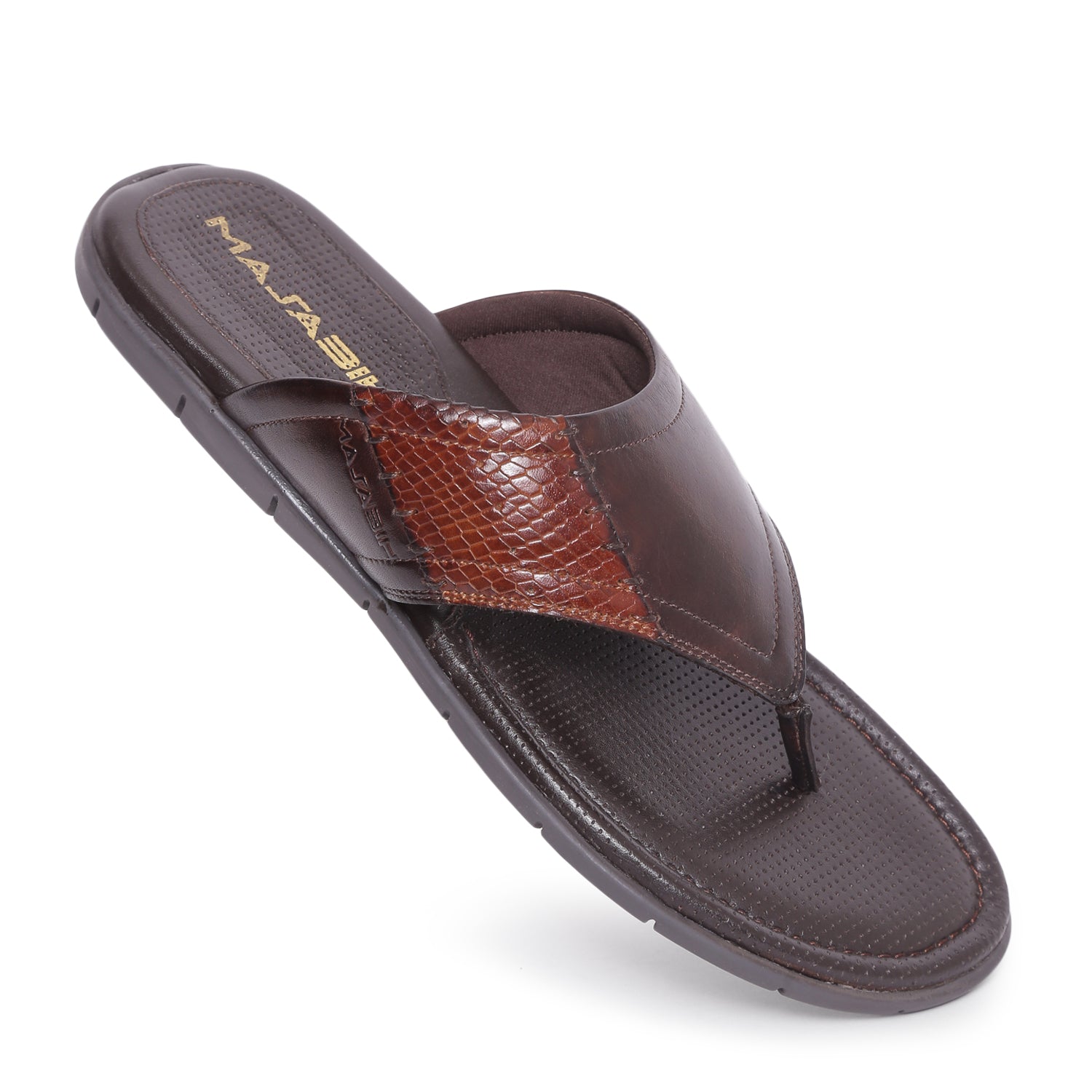 MASABIH Geniune Leather Soft Brown / SISSY Print Tan Color modern thong sandals for Mens
