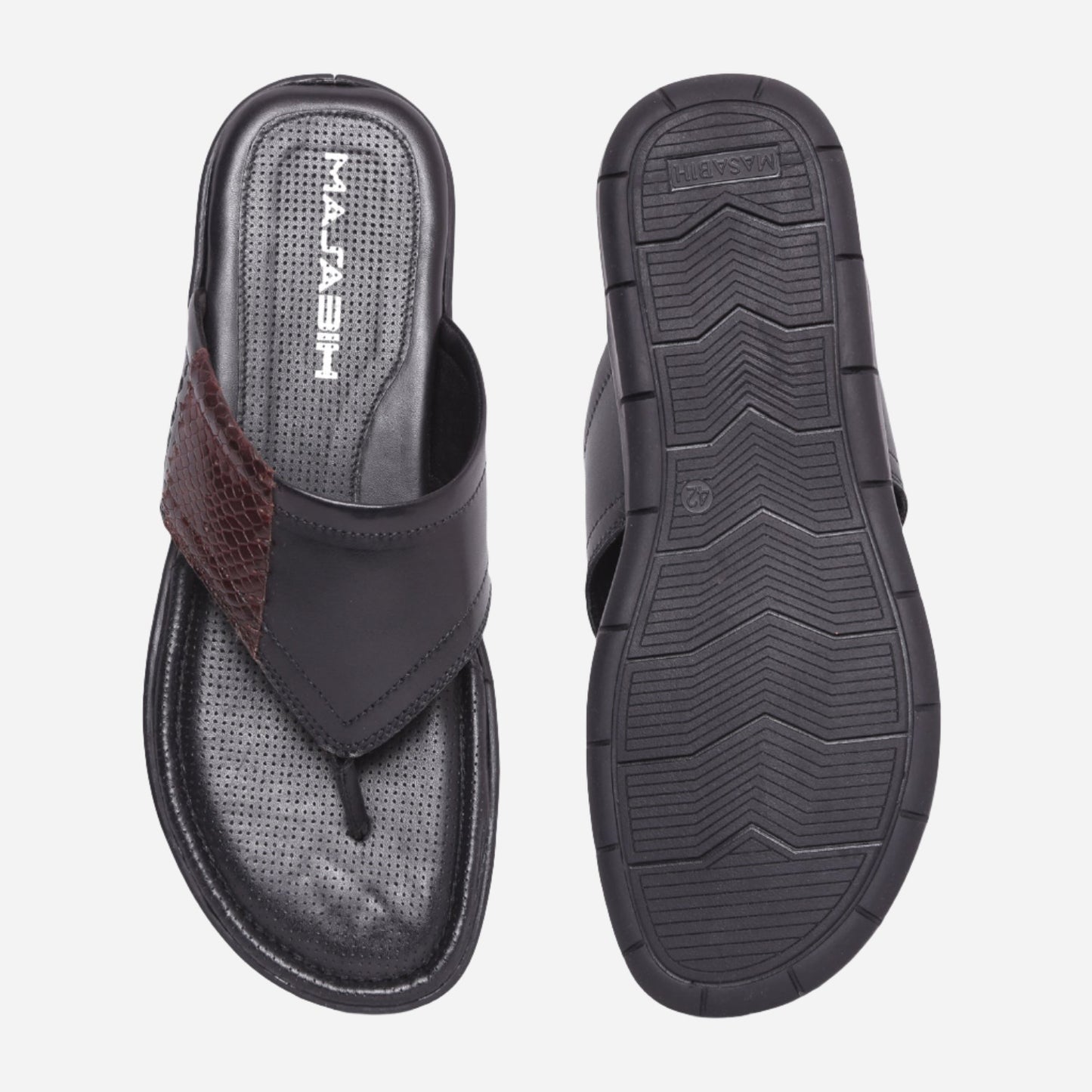 MASABIH Geniune Leather Soft Black / SISSY Print Brown Color modern thong sandals for Mens