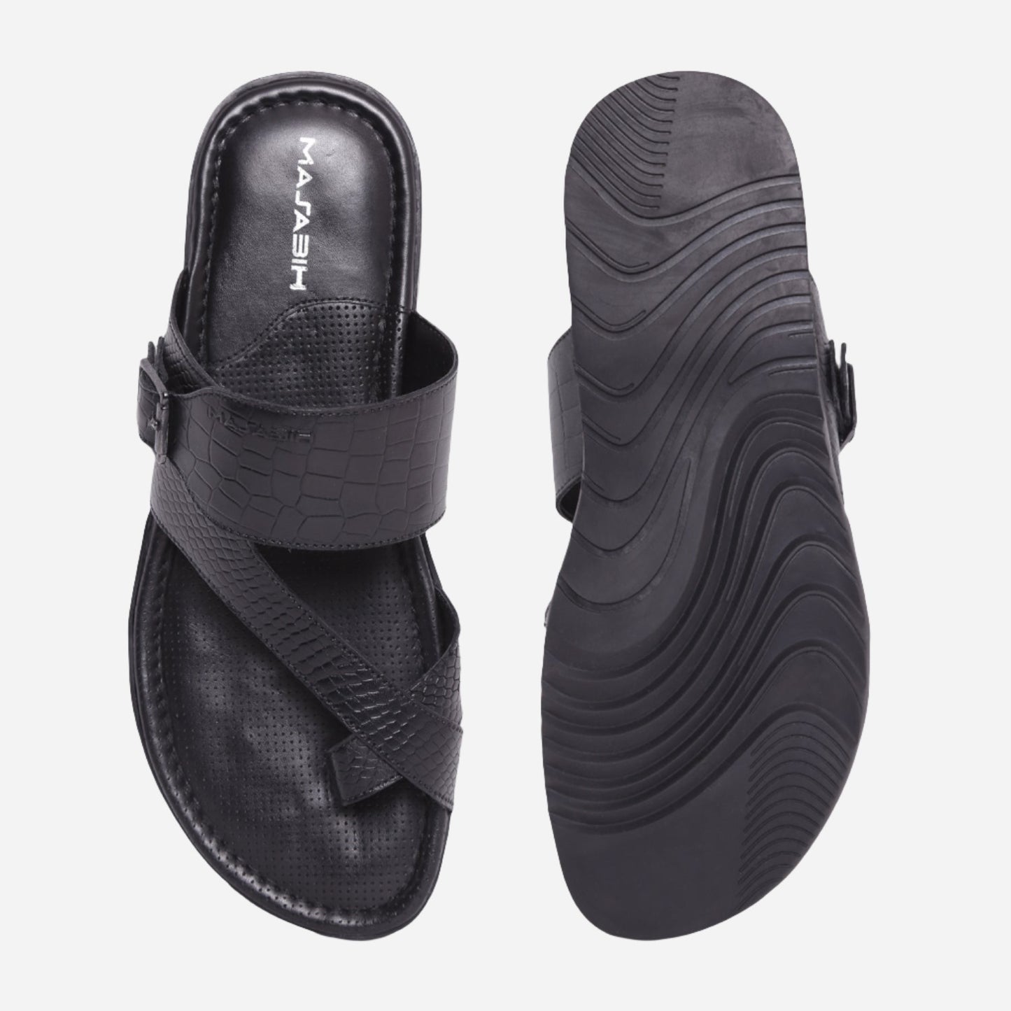 MASABIH Geniune Leather Soft KROOS / SISSY Print Black Color modern Buckle thong sandals for Mens