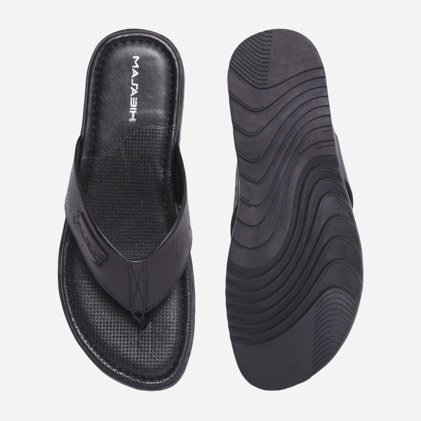 MASABIH Geniune Leather Soft Line Print Black Color modern thong sandals for Mens