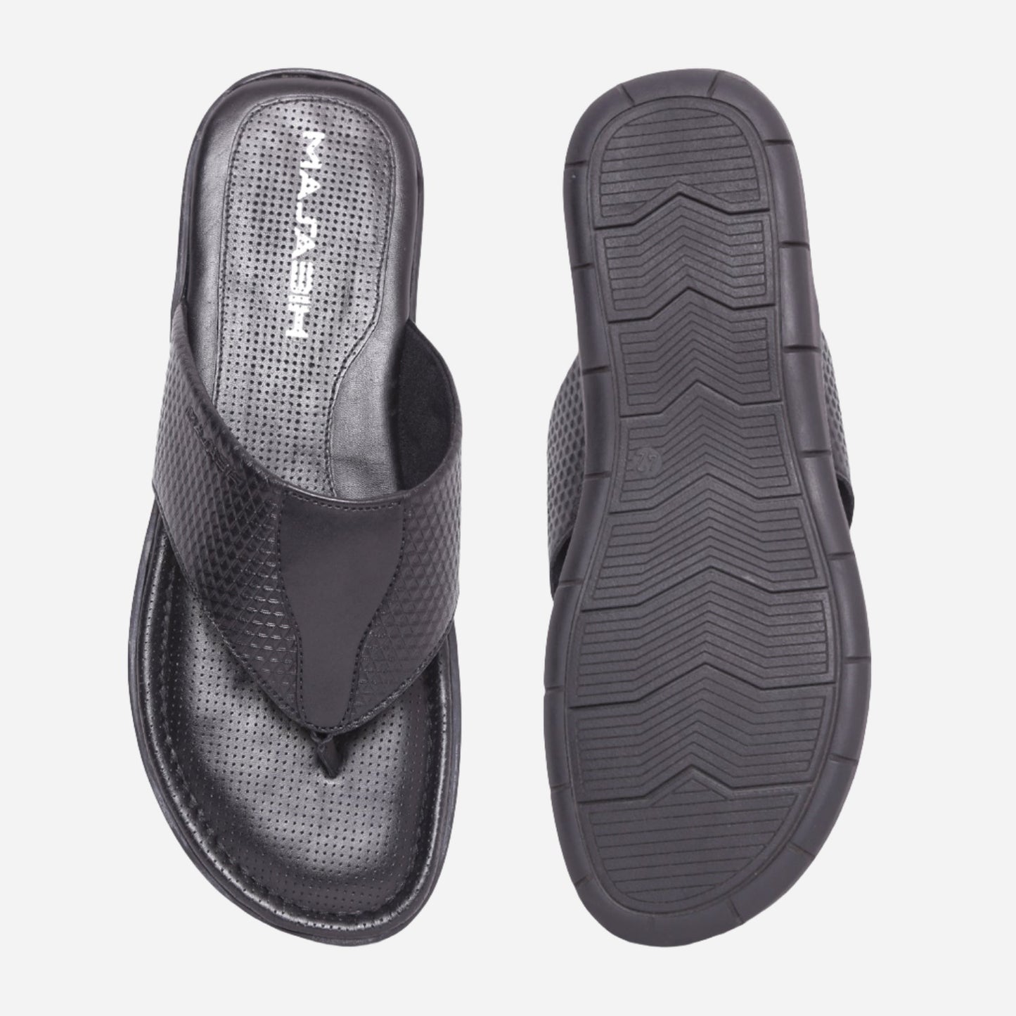 MASABIH Geniune Leather Soft Hexa Print Black Color modern thong sandals for Mens