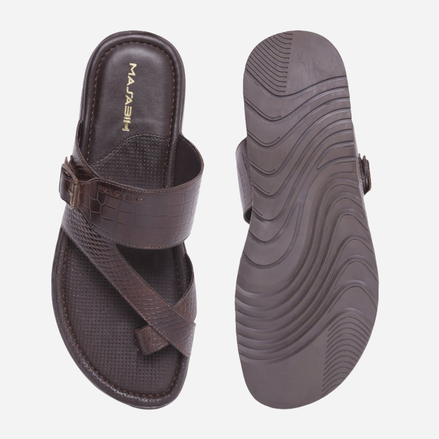 MASABIH Geniune Leather Soft KROOS / SISSY Print Brown Color modern Buckle thong sandals for Mens
