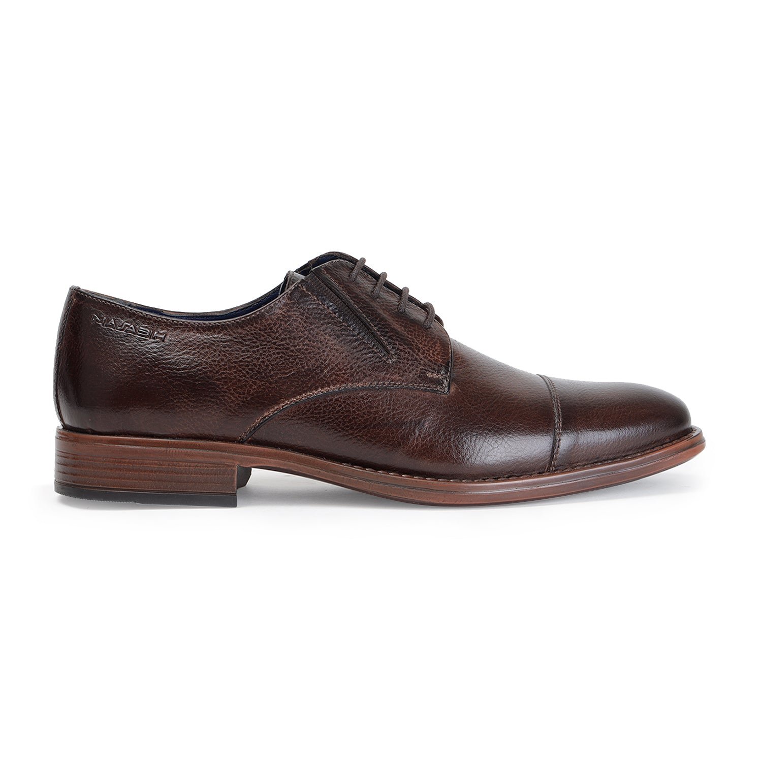 MASABIH GENUINE MILLED BROWN LEATHER DERBY LACE UP SHOES WITH TOECAP FOR MEN