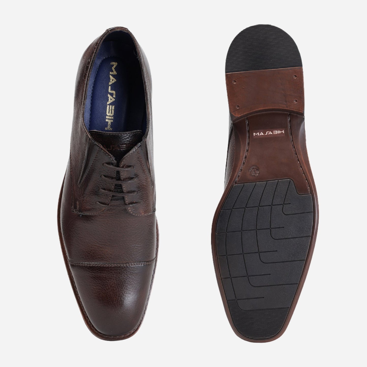 MASABIH GENUINE MILLED BROWN LEATHER DERBY LACE UP SHOES WITH TOECAP FOR MEN