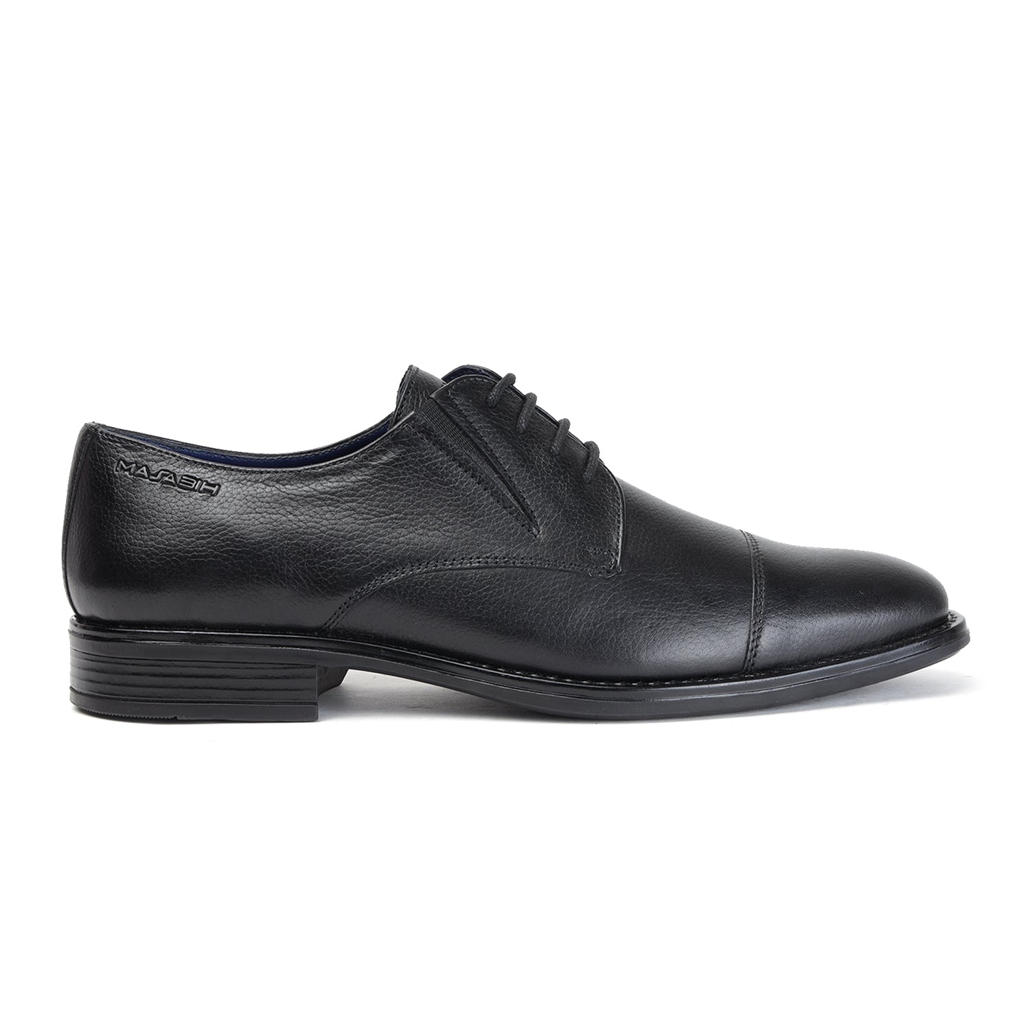 MASABIH GENUINE MILLED BLACK LEATHER DERBY LACE UP SHOES WITH TOECAP FOR MEN