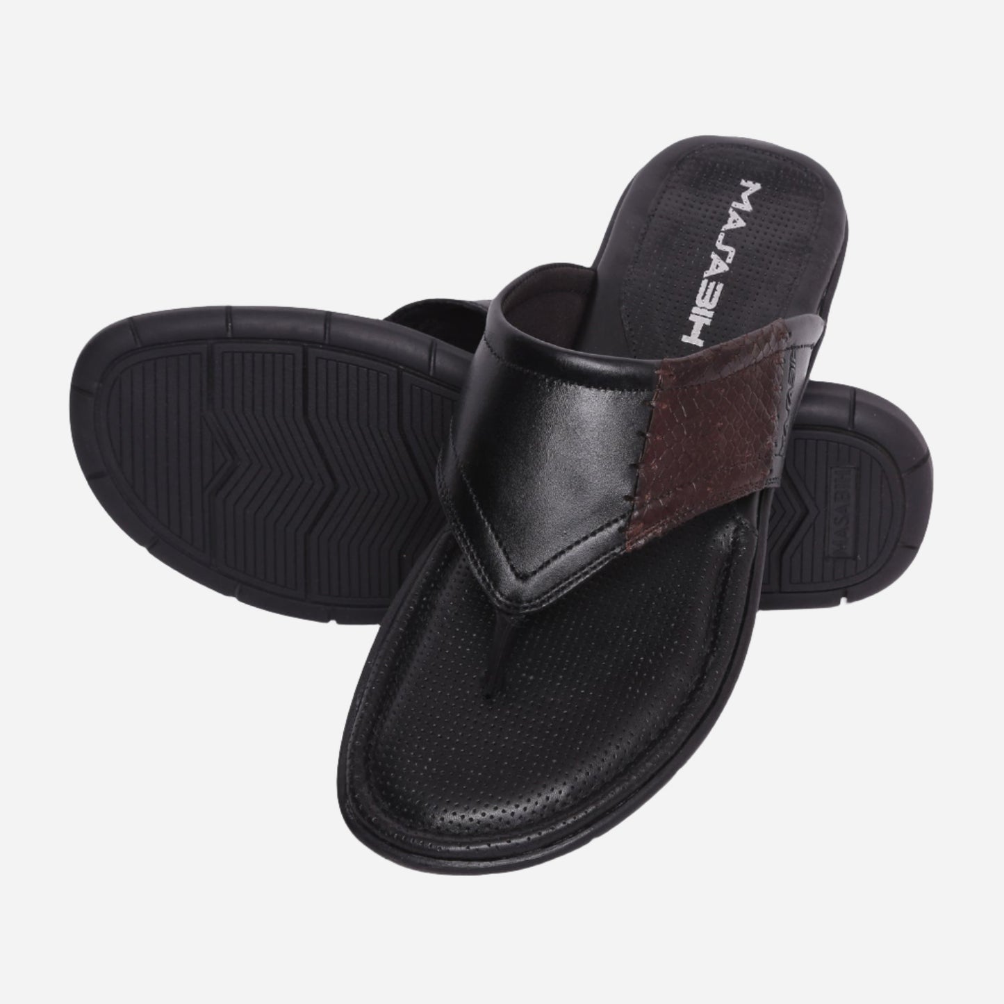 MASABIH Geniune Leather Soft Black / SISSY Print Brown Color modern thong sandals for Mens