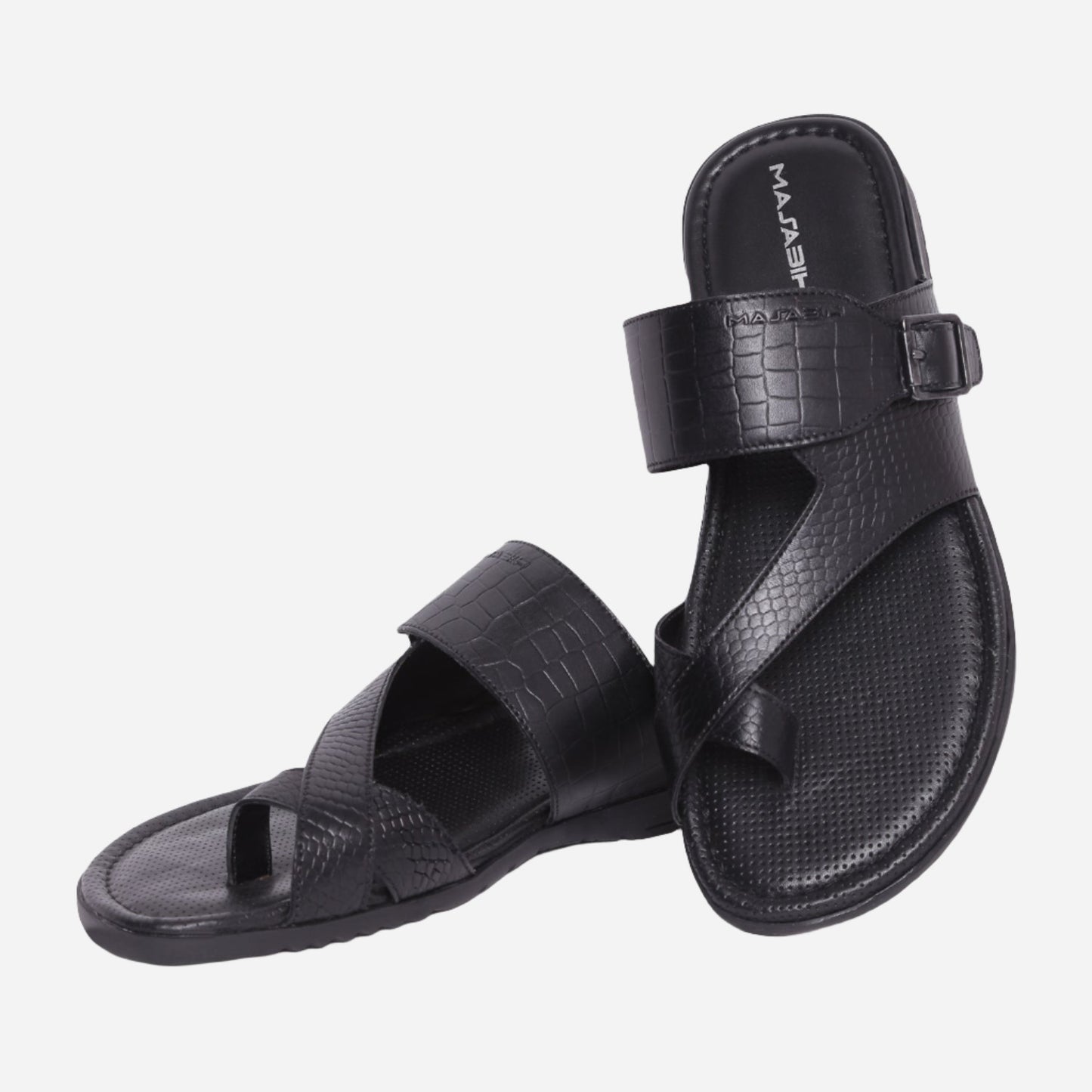MASABIH Geniune Leather Soft KROOS / SISSY Print Black Color modern Buckle thong sandals for Mens