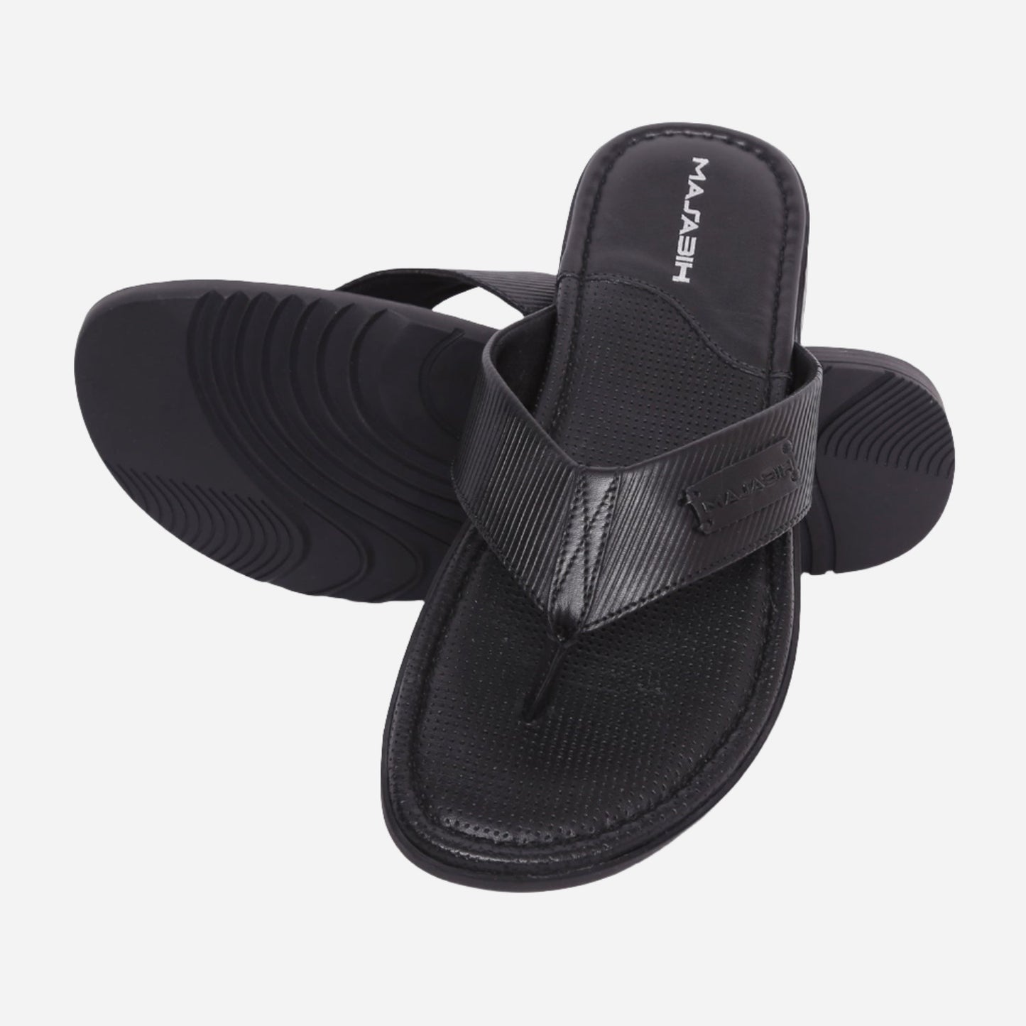 MASABIH Geniune Leather Soft Line Print Black Color modern thong sandals for Mens
