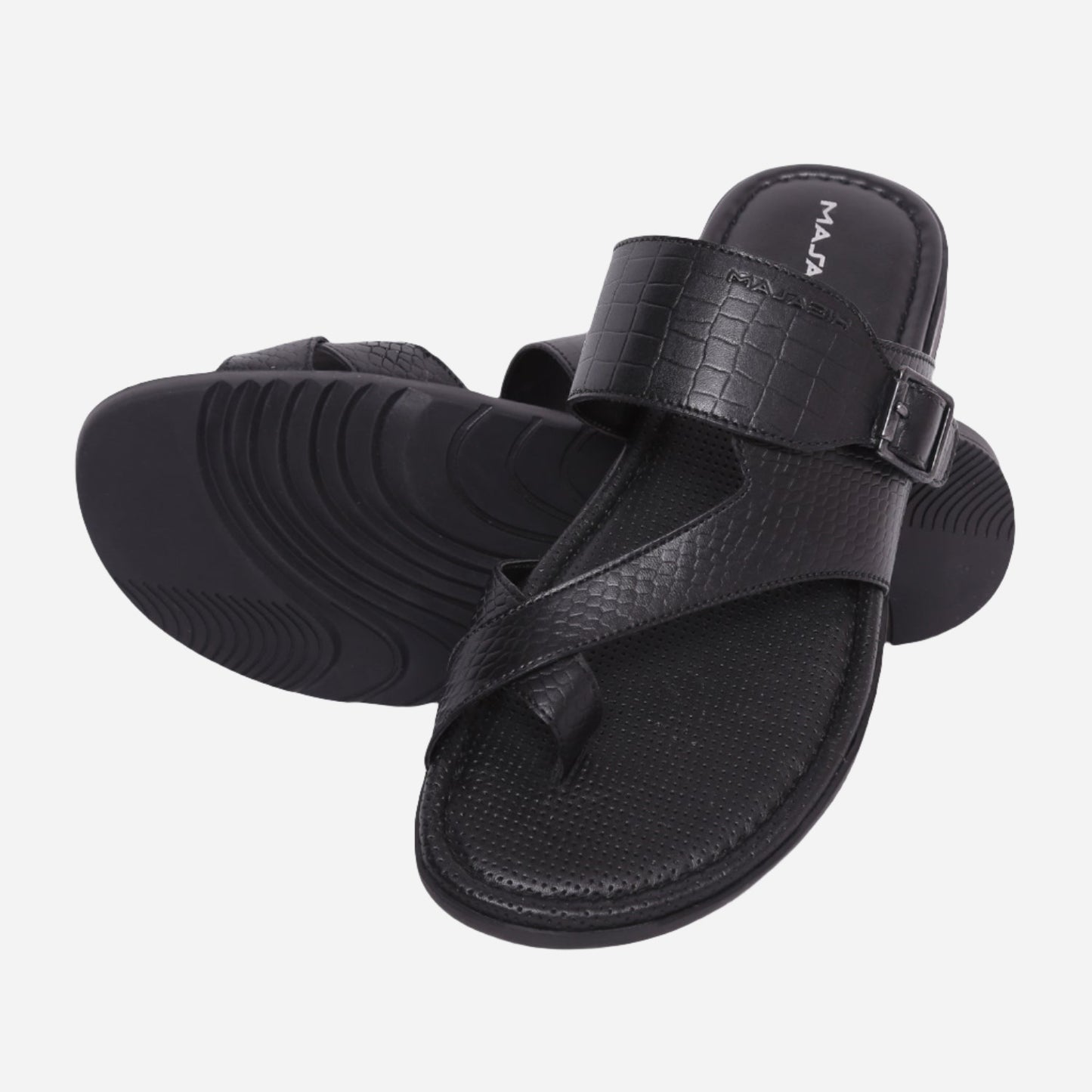 MASABIH Geniune Leather Soft KROOS / SISSY Print Black Color modern Buckle thong sandals for Mens
