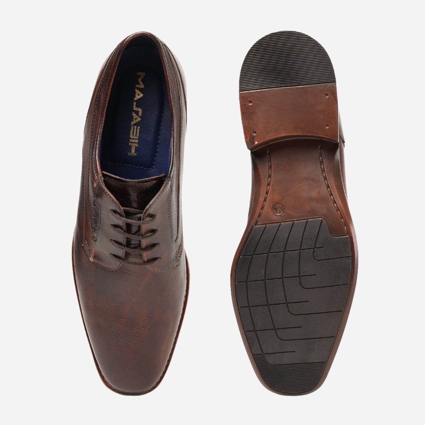 MASABIH GENUINE MILLED BROWN LEATHER DERBY LACE UP SHOES FOR MEN