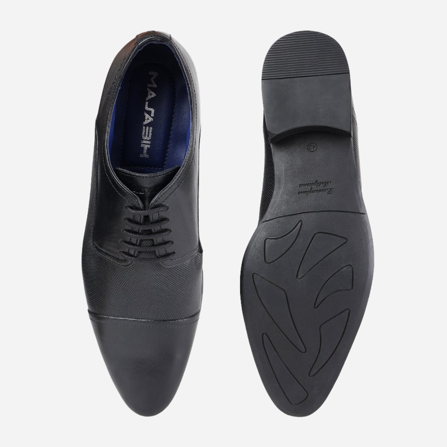 MASABIH GENUINE LEATHER BLACK TOE CAP DERBY SHOES FOR MEN