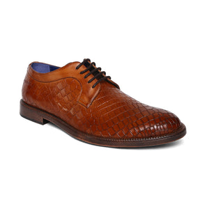 Masabih Genuine Leather Tan Printed Casual Derby Laceup Shoes For Men