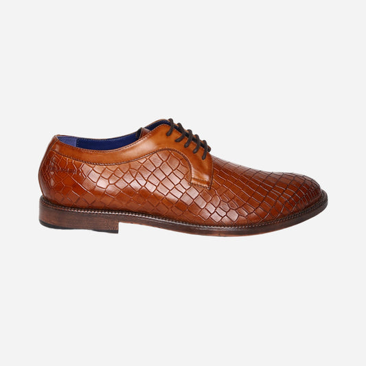 Masabih Genuine Leather Tan Printed Casual Derby Laceup Shoes For Men