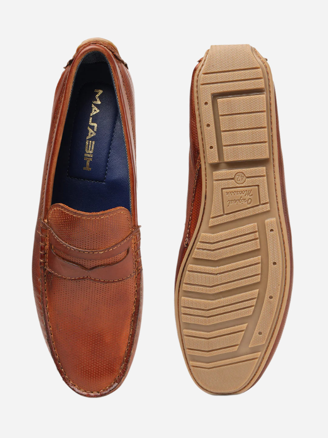 MASABIH Tan Genuine Leather Mocassin Shoes with Flat Sole for Men