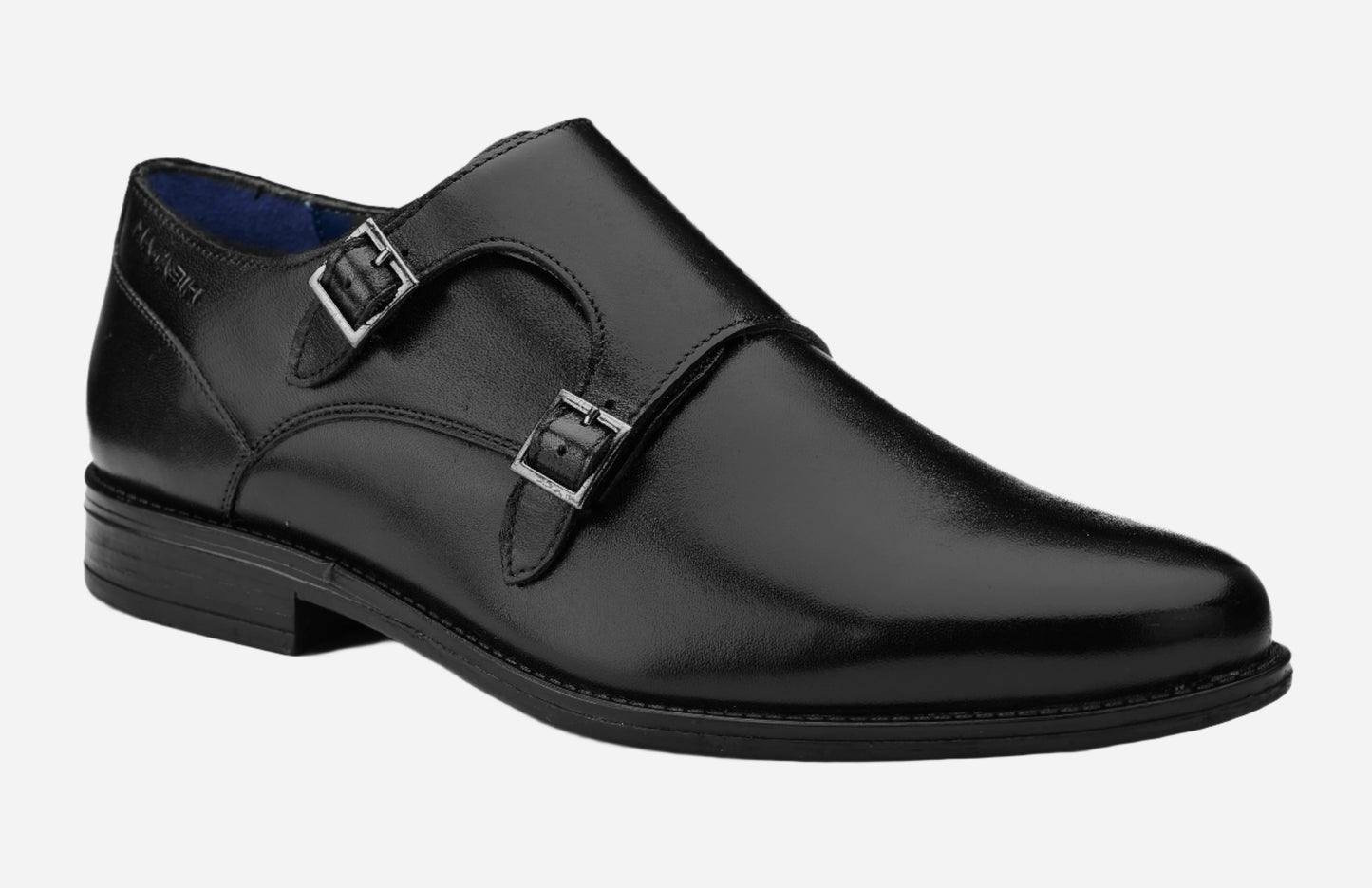 Masabih Genuine Leather Black Casual Double Monk Shoes for Men