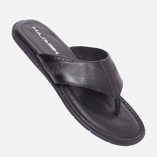 MASABIH Geniune Leather Soft small line Print Black Color modern thong sandals for Mens