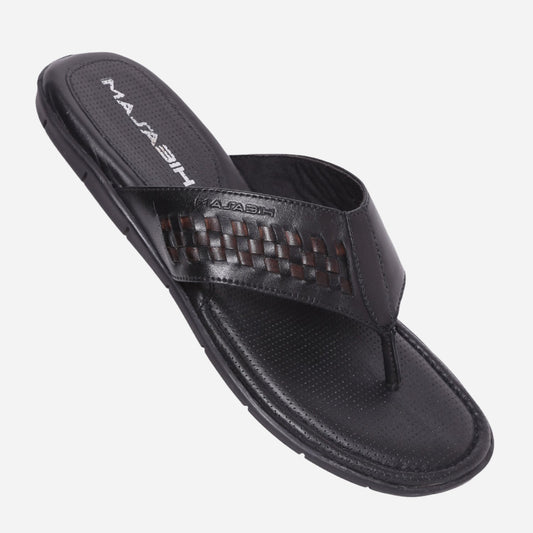 MASABIH Geniune Leather Soft  Black / Navy Color modern lace thong sandals for Mens