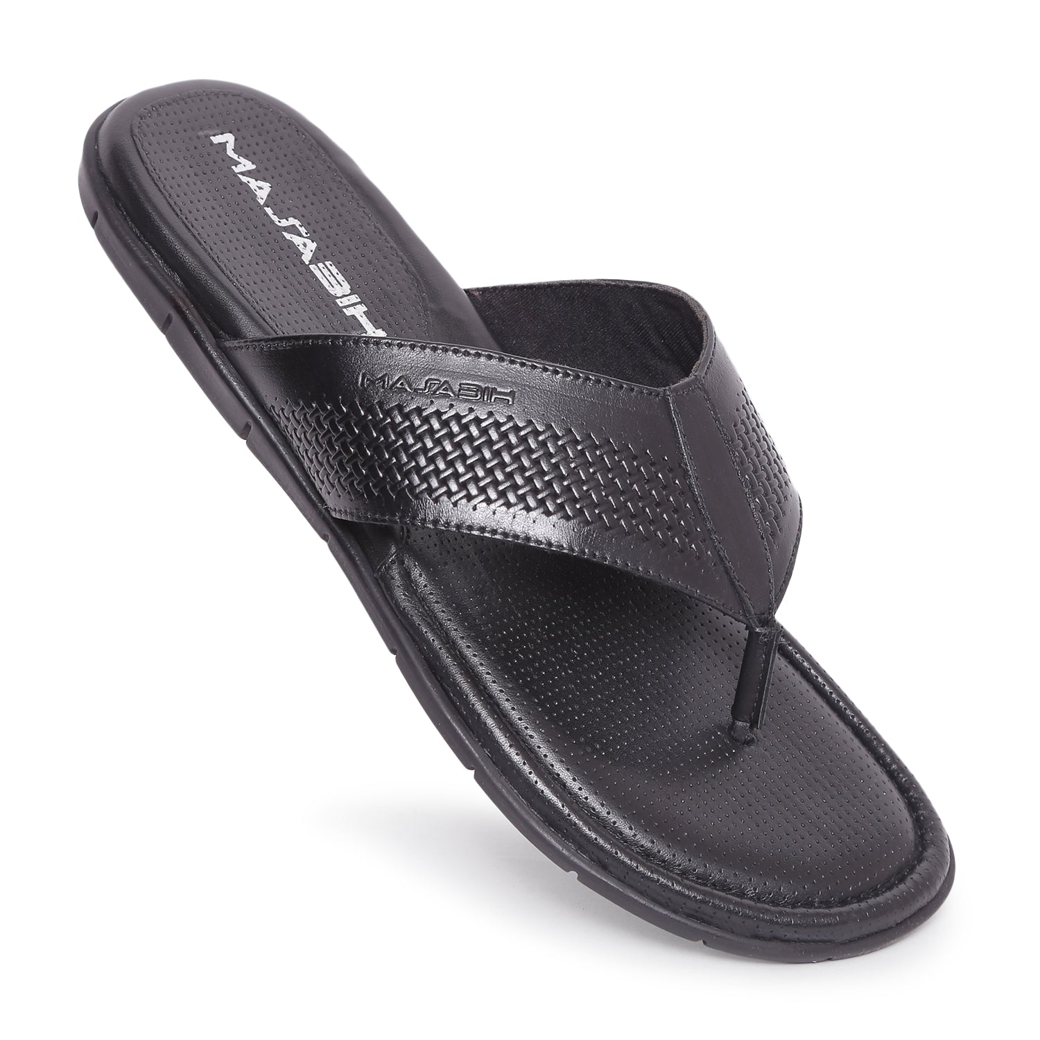 MASABIH Geniune Leather Soft Mesh Print Black Color modern thong sandals for Mens