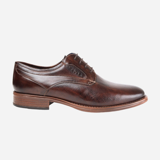 MASABIH GENUINE MILLED BROWN LEATHER DERBY LACE UP SHOES FOR MEN