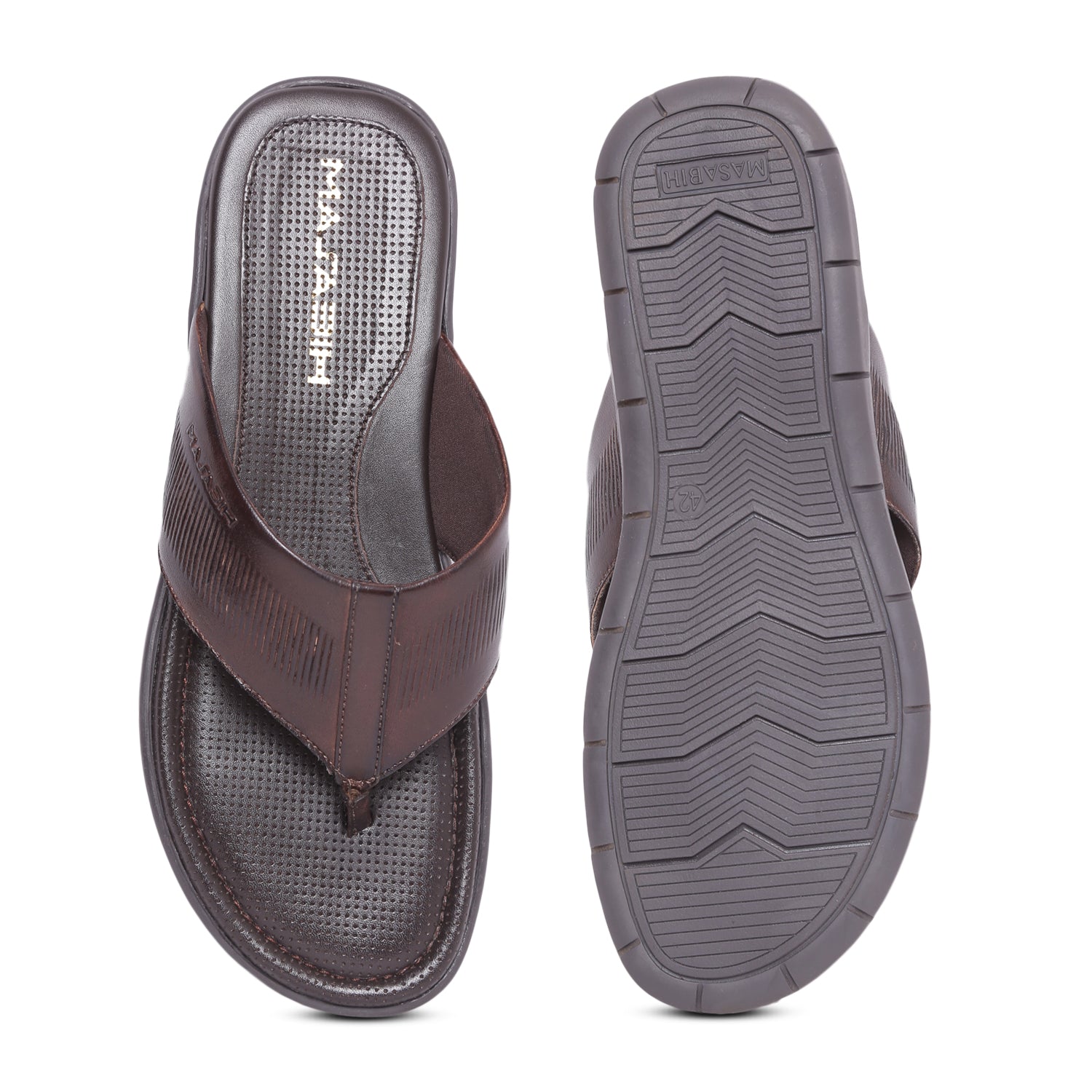 MASABIH Geniune Leather Soft small line Print Brown Color modern thong sandals for Mens