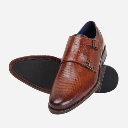 MASABIH GENUINE LEATHER TAN CASUAL DOUBLE MONK SHOES FOR MEN