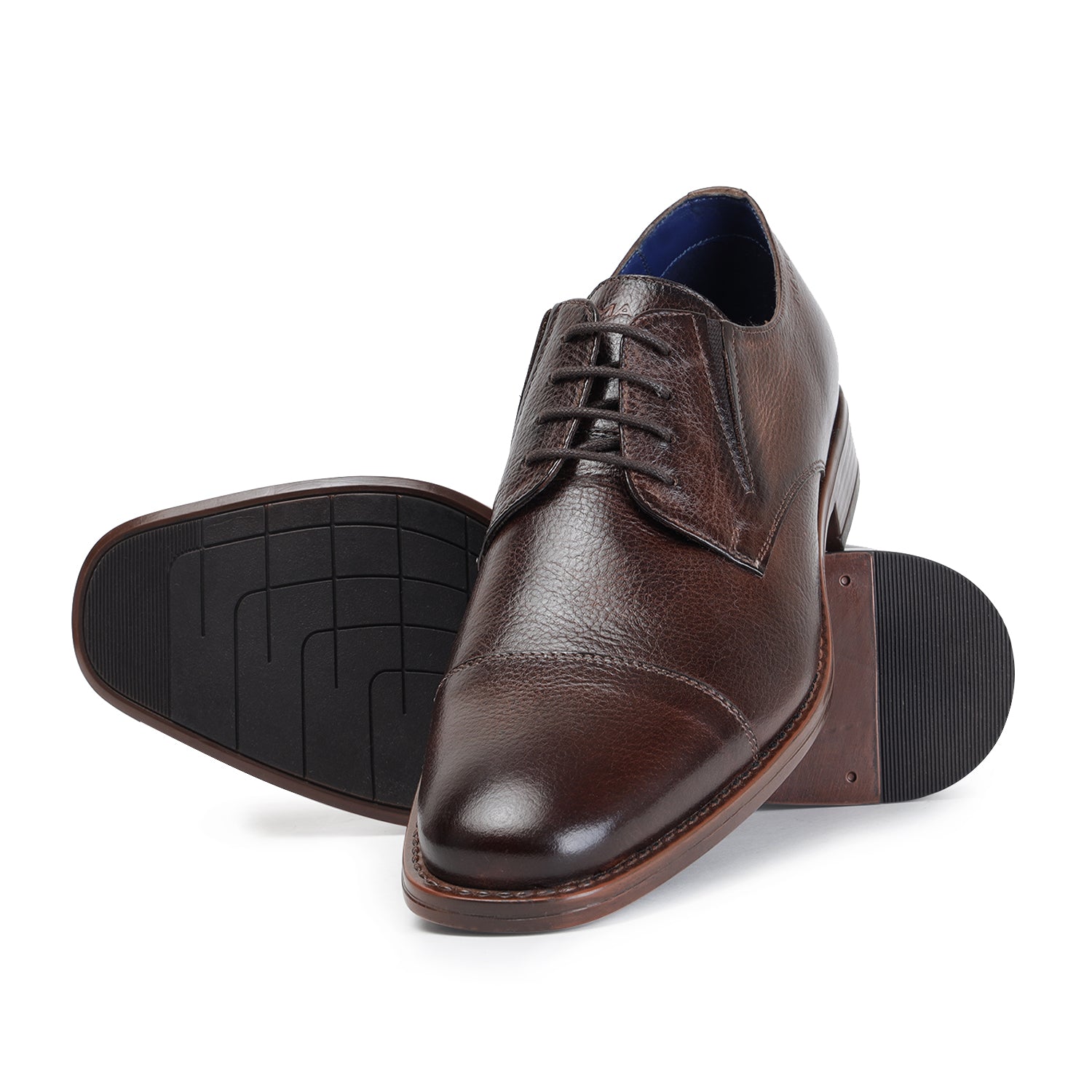 MASABIH GENUINE MILLED BROWN LEATHER DERBY LACE UP SHOES WITH TOECAP FOR MEN