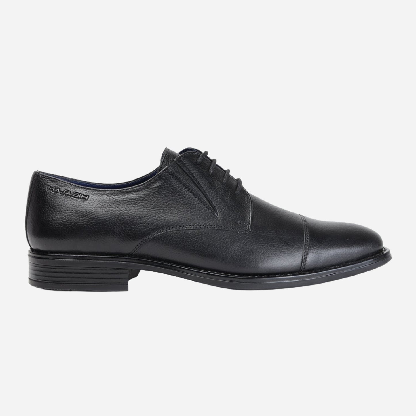 MASABIH GENUINE MILLED BLACK LEATHER DERBY LACE UP SHOES WITH TOECAP FOR MEN