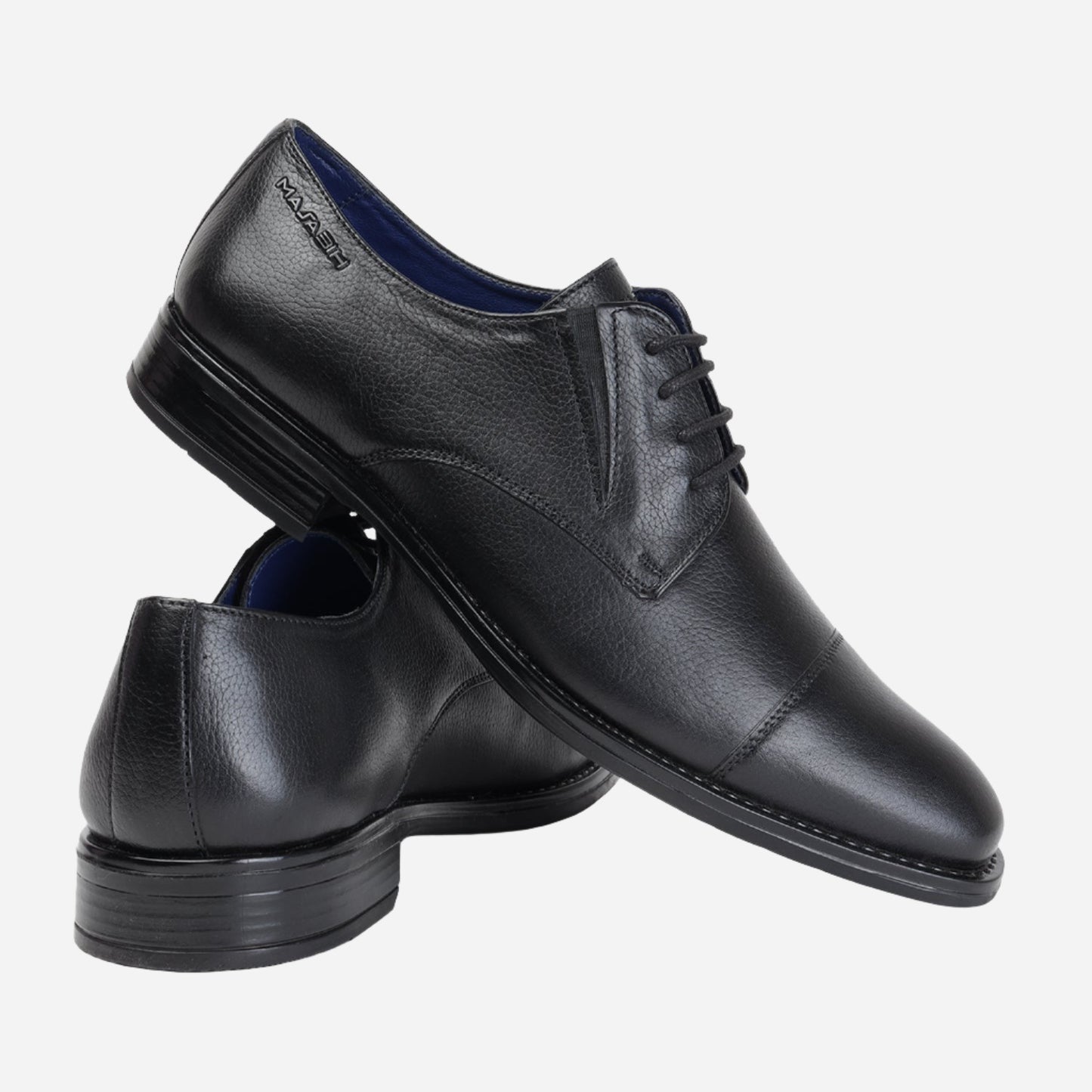 MASABIH GENUINE MILLED BLACK LEATHER DERBY LACE UP SHOES WITH TOECAP FOR MEN