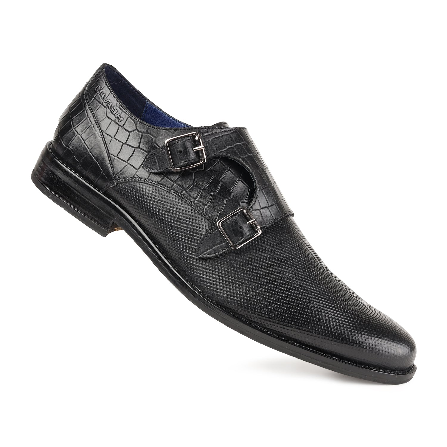 MASABIH GENUINE LEATHER BLACK CASUAL DOUBLE MONK SHOES FOR MEN