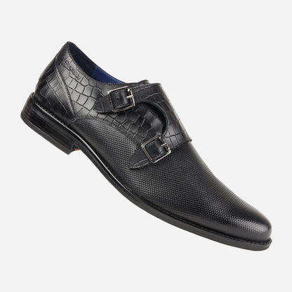 MASABIH GENUINE LEATHER BLACK CASUAL DOUBLE MONK SHOES FOR MEN