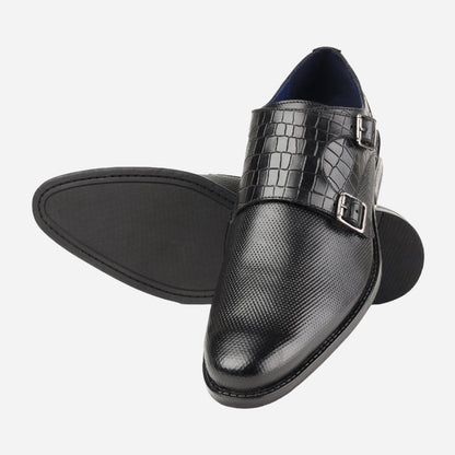 MASABIH GENUINE LEATHER BLACK CASUAL DOUBLE MONK SHOES FOR MEN