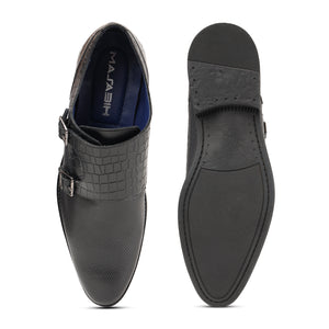 MASABIH GENUINE LEATHER BLACK CASUAL DOUBLE MONK SHOES FOR MEN