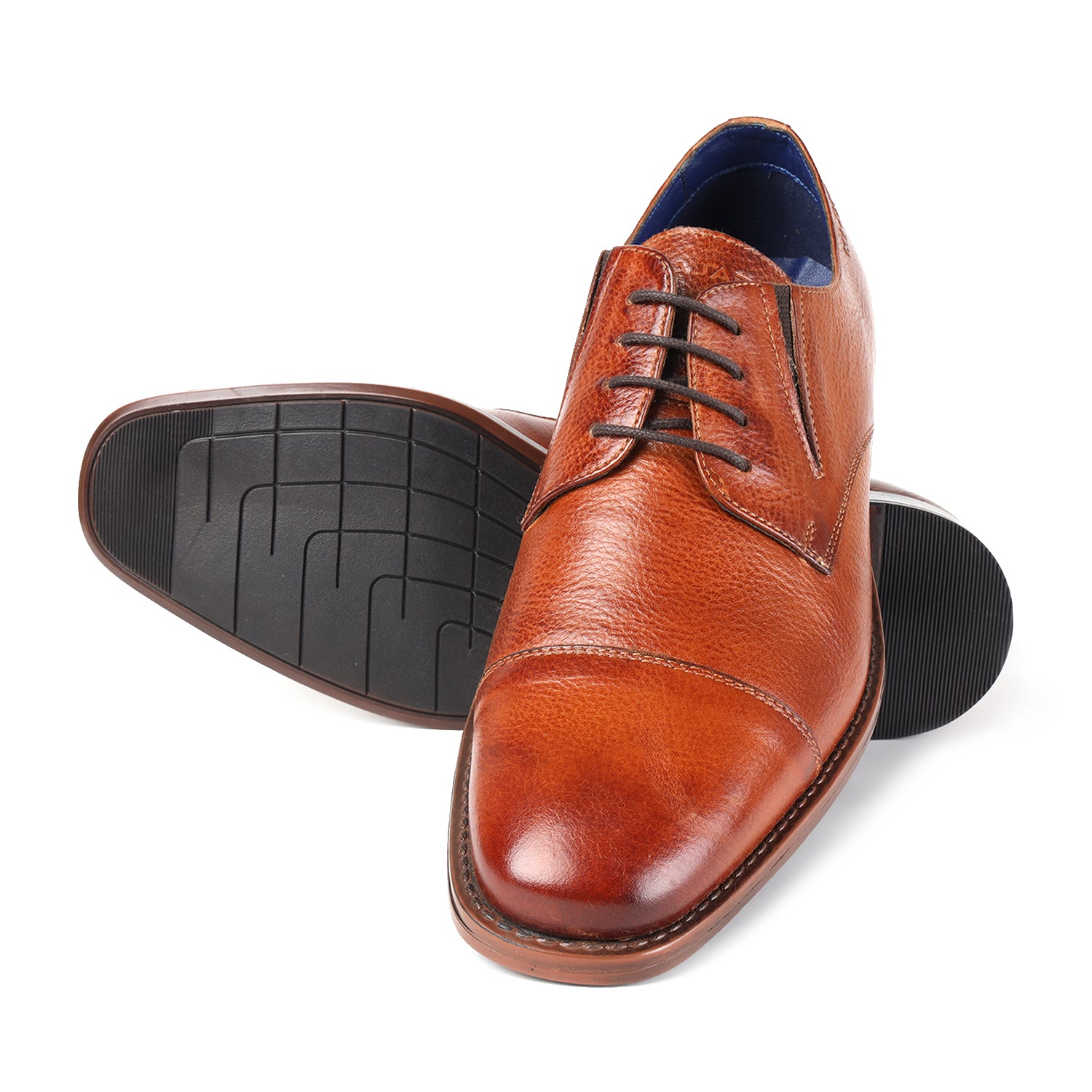 MASABIH GENUINE MILLED TAN LEATHER DERBY LACE UP SHOES WITH TOECAP FOR MEN