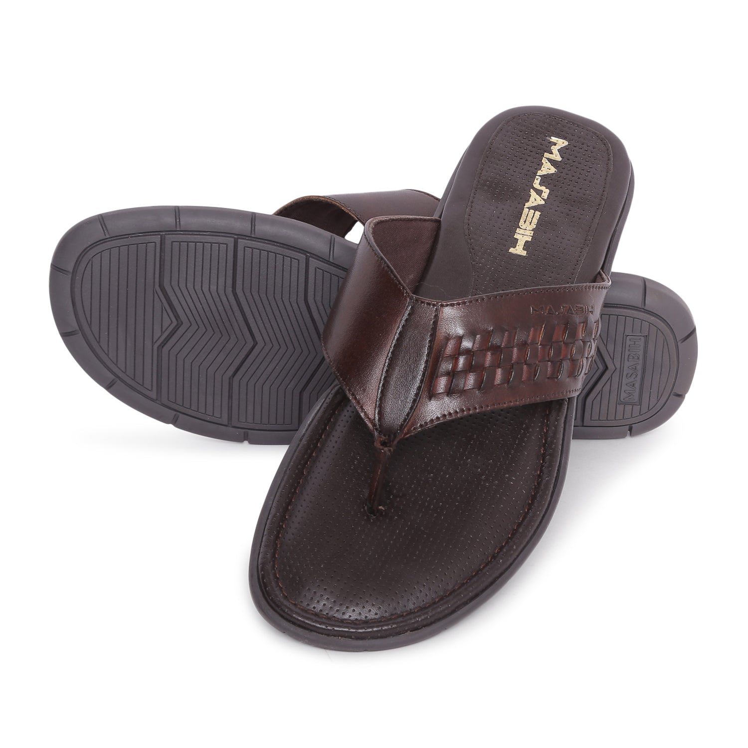 MASABIH Geniune Leather Soft Brown / Tan Color modern lace thong sandals for Mens