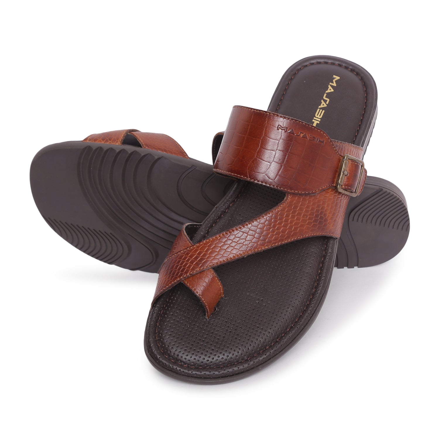 MASABIH Geniune Leather Soft KROOS / SISSY Print Tan Color modern Buckle thong sandals for Mens