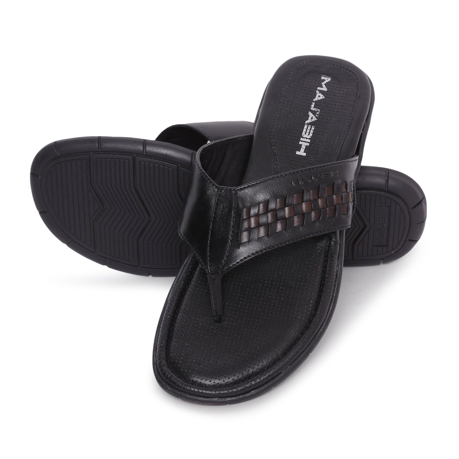 MASABIH Geniune Leather Soft  Black / Navy Color modern lace thong sandals for Mens