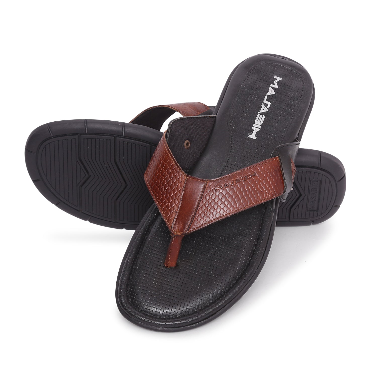 MASABIH Geniune Leather Soft SISSY Print Black / Tan Color modern tauro thong sandals for Mens