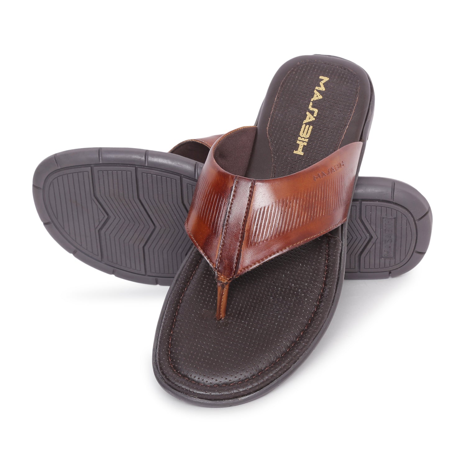 MASABIH Geniune Leather Soft small line Print Tan Color modern thong sandals for Mens