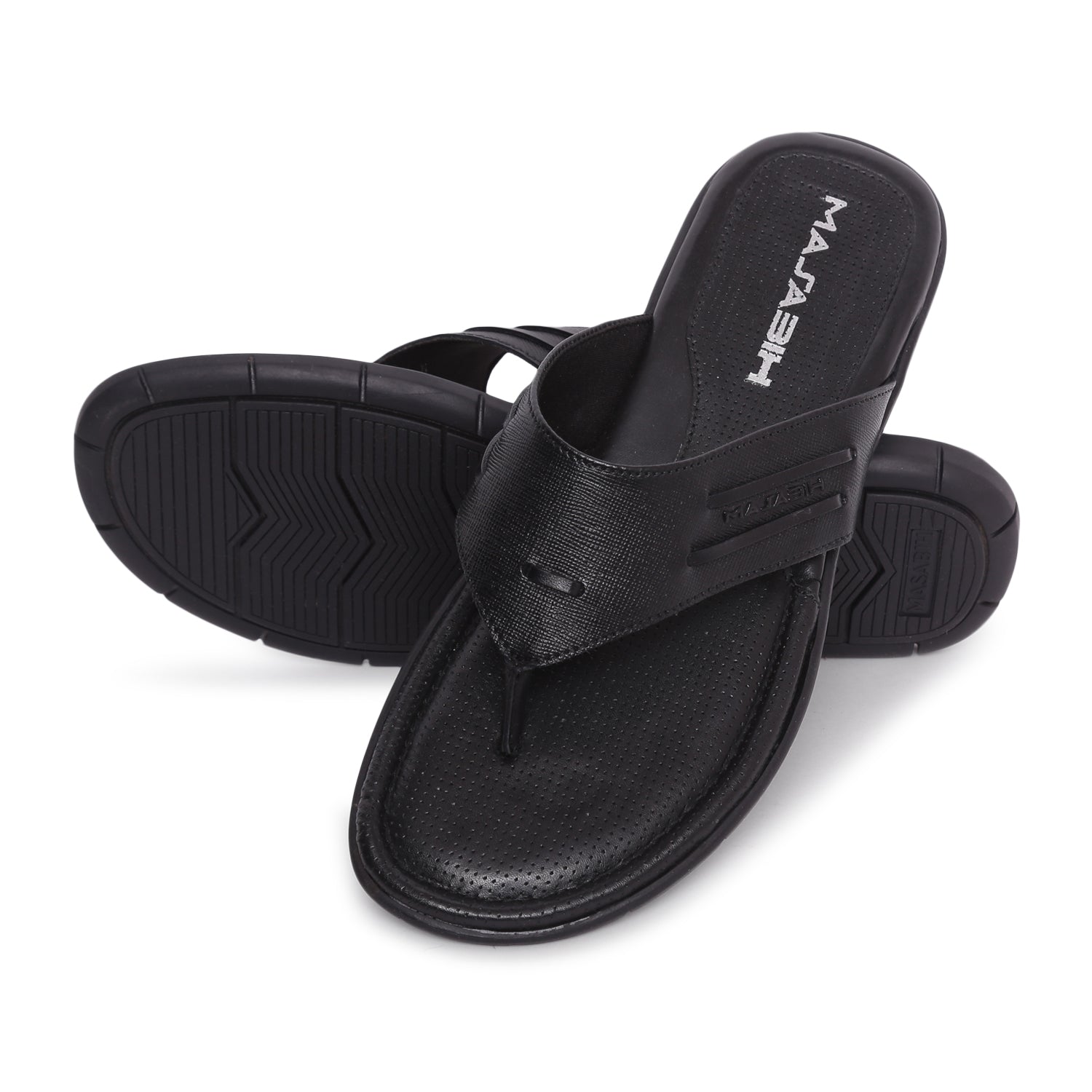 MASABIH Geniune Leather Soft I Print Black Color modern thong sandals for Mens